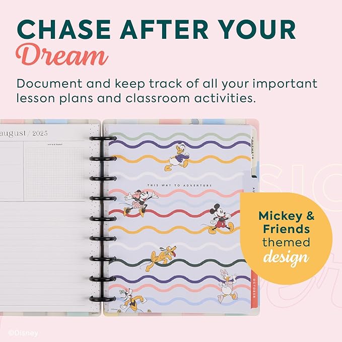 Happy Planner Disney Disc-Bound 12-Month Academic Planner, July 2025–June 2026 Planner, 3 Extra Months, 2 Sticker Sheets, Classic Size, Vertical Layout, Mickey Mouse & Friends Theme, Current Classroom, 7" x 9.25”