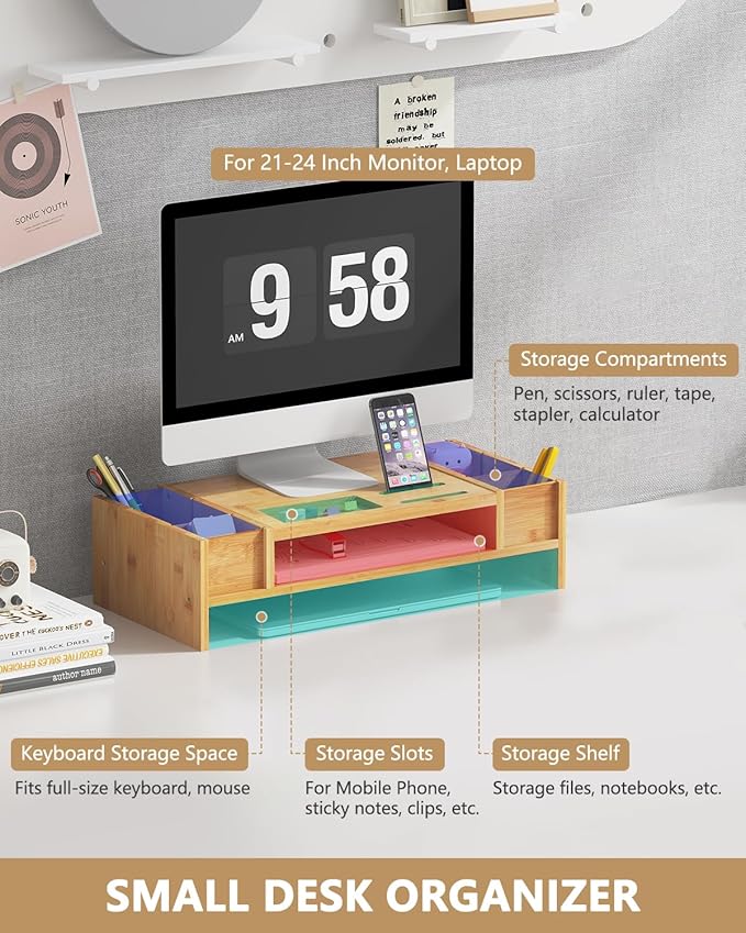 Ufine Bamboo Monitor Stand with Storage Compartments Ergonomic Computer Laptop Riser Small Space Organizer for Home Office