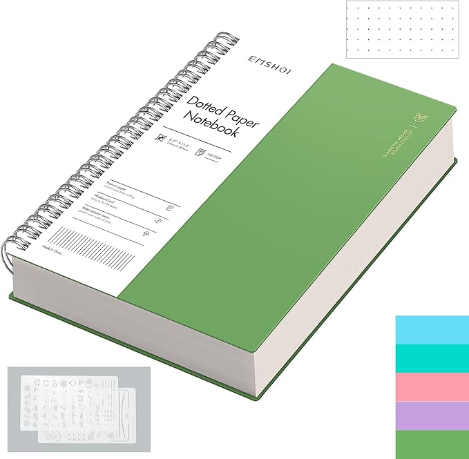 EMSHOI A4 Spiral Notebook Bullet Dotted journal, 11.2" X 8.27", 300 Pages/150 Sheets, 100gsm Dot Grid Paper, Waterproof Softcover, Twin-Wire Binding, for School Work Writing Note Taking-Green