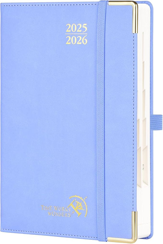 POPRUN Daily Planner 2025-2026 One Page per Day, (A5 Size 5.75" x 8.5") Academic Calendar (July25- June26) Hourly Appointment Book with Vegan Leather Hardcover, Monthly Tabs & Pocket - Cornflower