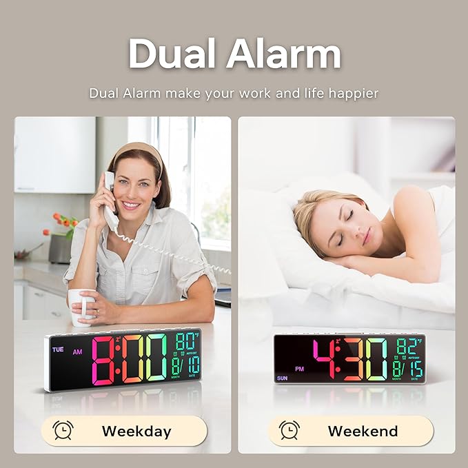 JALL 10.5'' Digital Large Alarm Clock with 8-in-1 RGB Colors, Date, Month, Temperature LED, Auto DST, Modern for Desk, Wall, Living Room, Bedroom, Birthday Xmas Gift (White, 10.5 inches)