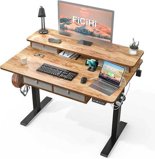 Adjustable Height Standing Desk with 4 Drawers,48 x 30 inches Electric Sit Stand Home Office Desk with Two Tiers, 3 Memory Presets, Monitor Stand Riser, USB A/C Charging Port