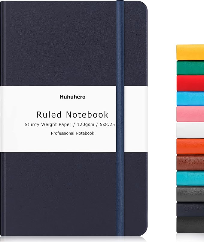 Huhuhero Lined Notebook Journal, 120Gsm Premium Thick Paper with Hardcover Faux Leather Notebook for Work School Note Taking, Office College Supplies 5.25"×8.25"(1, Navy Blue)
