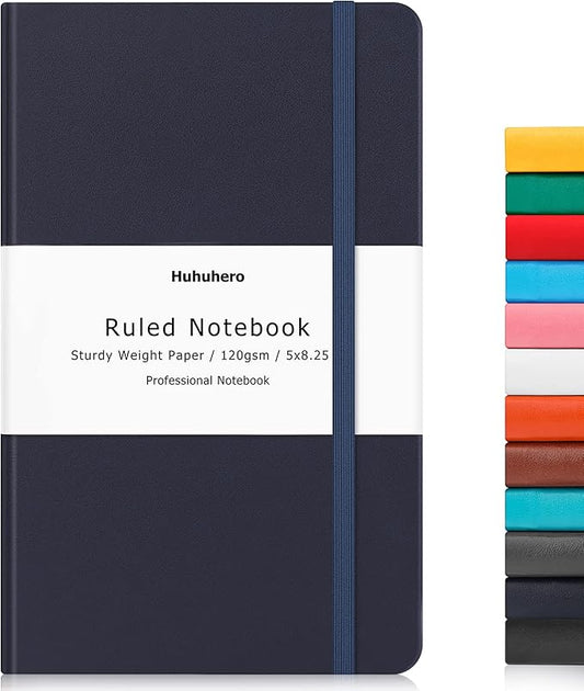 Huhuhero Lined Notebook Journal, 120Gsm Premium Thick Paper with Hardcover Faux Leather Notebook for Work School Note Taking, Office College Supplies 5.25"×8.25"(1, Navy Blue)
