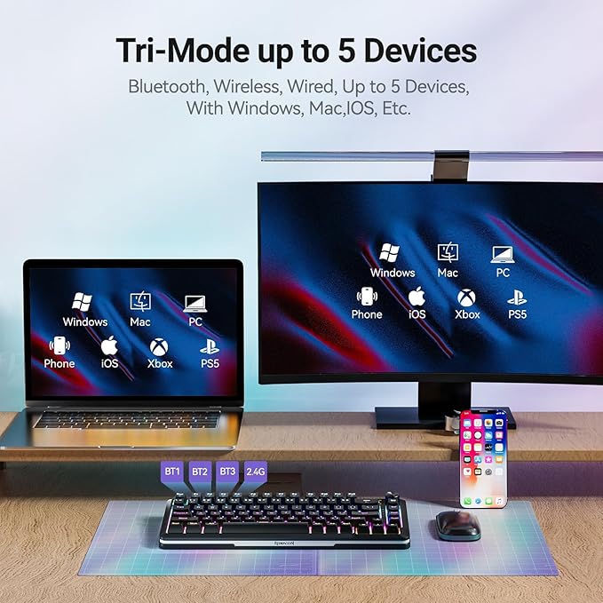 Redragon K708 Pro Wireless Mechanical Gaming Keyboard - Gasket-Mounted RGB Backlit, 81 Customizable Keys, 3-Mode (2.4G/Bluetooth/USB), Hot-Swap Pre-Lubed Switches, Screen & Control Knob - Black