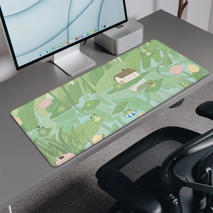 Cute Frog Desk Mat Mouse Pad,Cartoon Frog Desk Pad,Kawaii Green Desk Decor,Lotus Leaves and Flowers Desk Mat for Frog Desktop,Stitched Edges Non-Slip Rubber Base Mouse Mat for Office Home Work