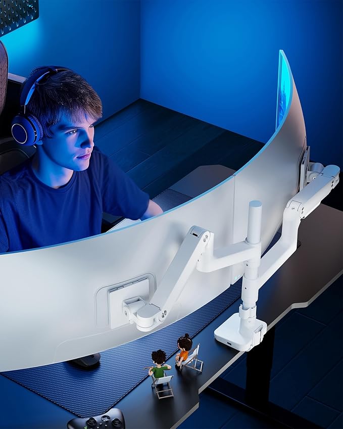 ARES WING Dual Monitor Stand for Ultrawide Heavy Duty Curved Monitor Stacking, Fits 17-49 Inch, Vertical Gas Spring Double Monitor Mount with USB, Adjustable Dual Monitor Mount for Desk, White