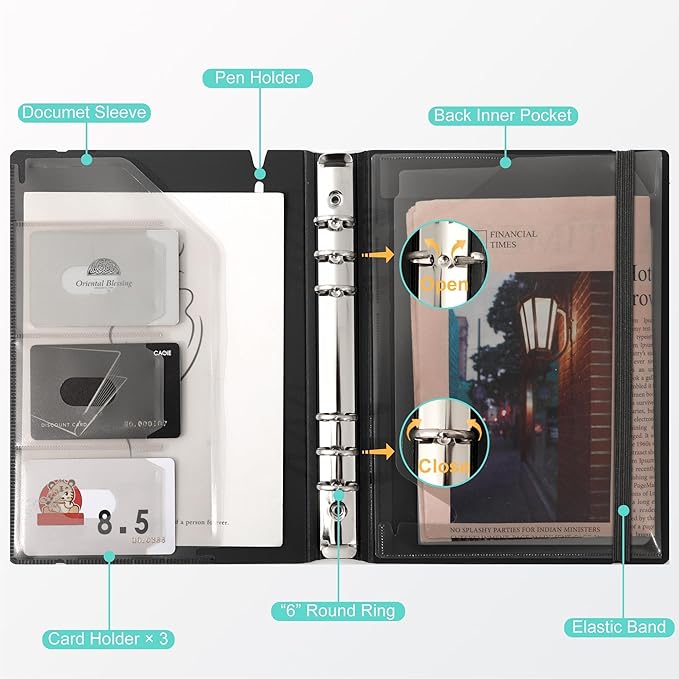 CAGIE A5 Binder 6 Ring Notebook with Dividers Refillable Planner Binder with Pockets, Refill Paper Include Planning Square Ruled and Dotted Pages, 6.89 x 9.25 in, (Grey and Purple, A5 Daily&Dot Page)