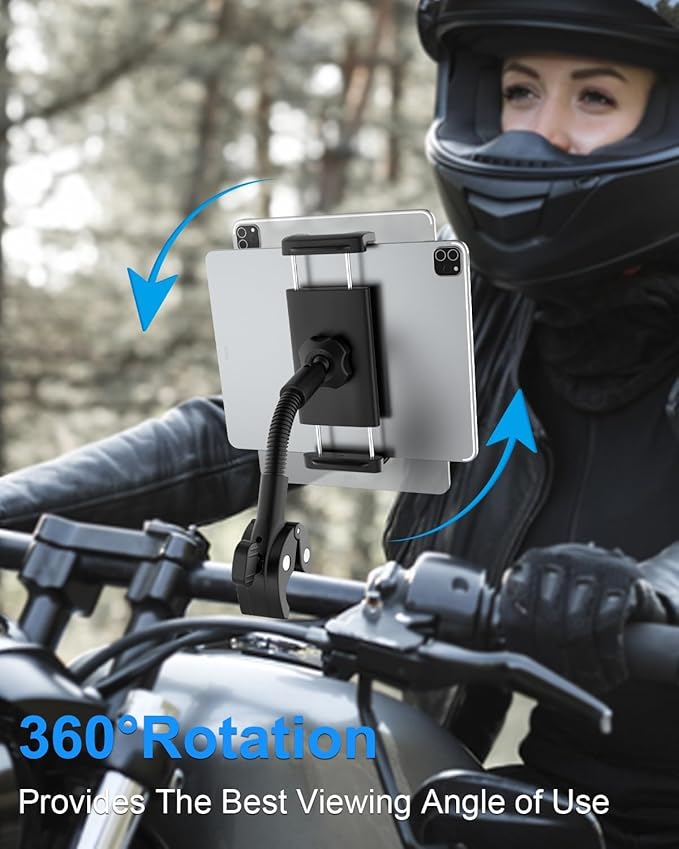 Bike or Motorcycle Tablet Holder, Gooseneck Out Front Bicycle Handlebar iPad Clamp Mount for Road Electric Bike, Scooter, Moto, Universal Cycling Tablet Holder for 4-13" iPad/iPhon/Z Fold