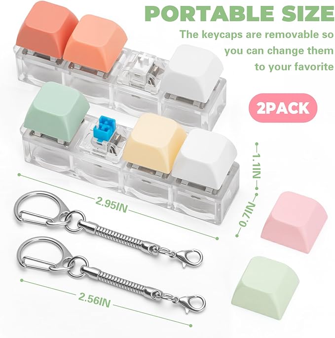 Keyboard Fidget Toy for Adults 2 PCS Slient & Clicky Fidget Keyboard Keychain Clicker Sensory Toys for Anxiety Stress Relief (Pink&Green, 2P-4 in 1)