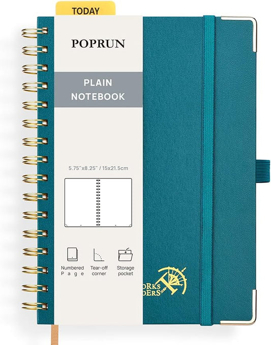 POPRUN Blank Journal Notebook, [A5-5.75'' x 8.25''] - 120 GSM Thick Paper, 141 Numbered Pages, Spiral Hardcover for Men & Women with Pocket, Index Tabs, 8 Perforated Sheets, Pacific Green
