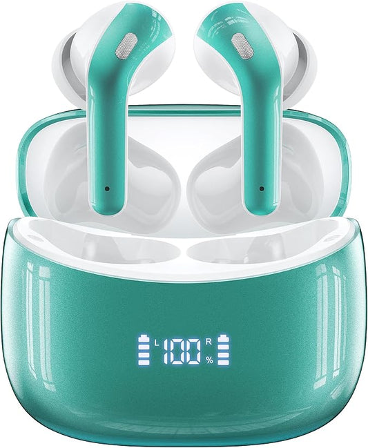 Wireless Earbuds, Bluetooth Ear Buds Headphones, 60H Long Playtime, Stereo Deep Bass, LED Power Display, IPX7 Sport Waterproof, Lightweight in-Ear Earphones with Mic for iPhone Android PC TV Computer