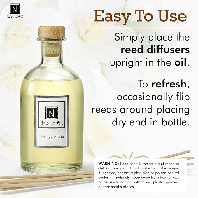 Nabila K Smokey Vanilla Reed Diffuser Set – Warm Fruity & Woodsy Aromatic Oil for Home – Long-Lasting, Smokeless Scent – Made in USA – Includes Reeds + Bottle – Flameless Candle Alternative