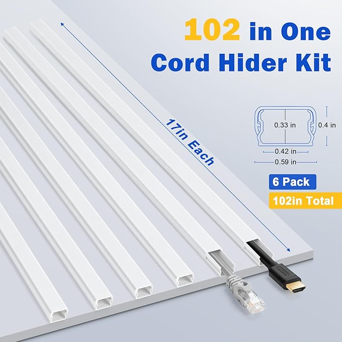 ZhiYo Cord Hider for One Wire, 102in Cable Hider Concealer, Paintable Wall Wire Covers, PVC Cable Management Raceway for A Thick Extension Cord, 6 x L17in W0.59 H0.4in, White