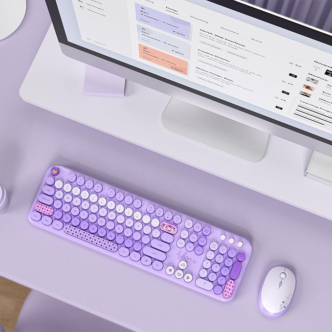 KNOWSQT Wireless Keyboard and Mouse Combo - Lovely Purple Rainbow Full-Sized Typewriter Colorful Keyboards, Round Keycap USB Plug Play Retro Cute Keyboards for Windows, Laptop, PC, Desktop, Computer