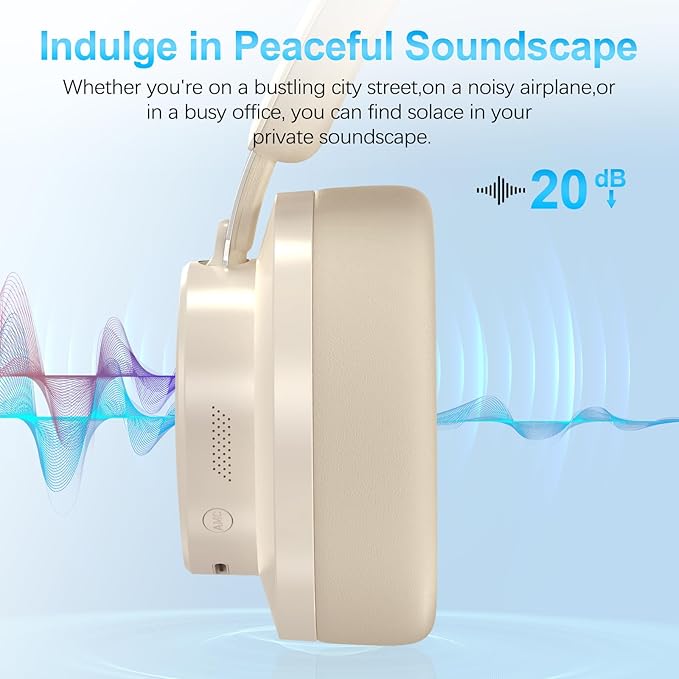 Noise Cancelling Headphones Wireless Bluetooth, Over Ear Headphones Bluetooth with Microphone, Cancelling Wireless Headphone Over Ear, 65h Playtime, Clear Calls, Comfort Fit For Travel (Beige)