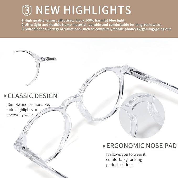 Blue Light Blocking Glasses Round Retro Computer Gaming Glasses Women Men UV Protection AB3303 (Clear)