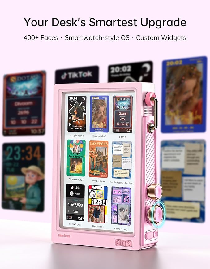 Divoom Times Frame-10.1" Digital Picture Frame Transparent IPS with RGBLED Rotary Knob WiFi 64GB 400+Clock Faces Widget 50+API Feeds Gift Mode Pixel Art Community Personalized Display (Pink)