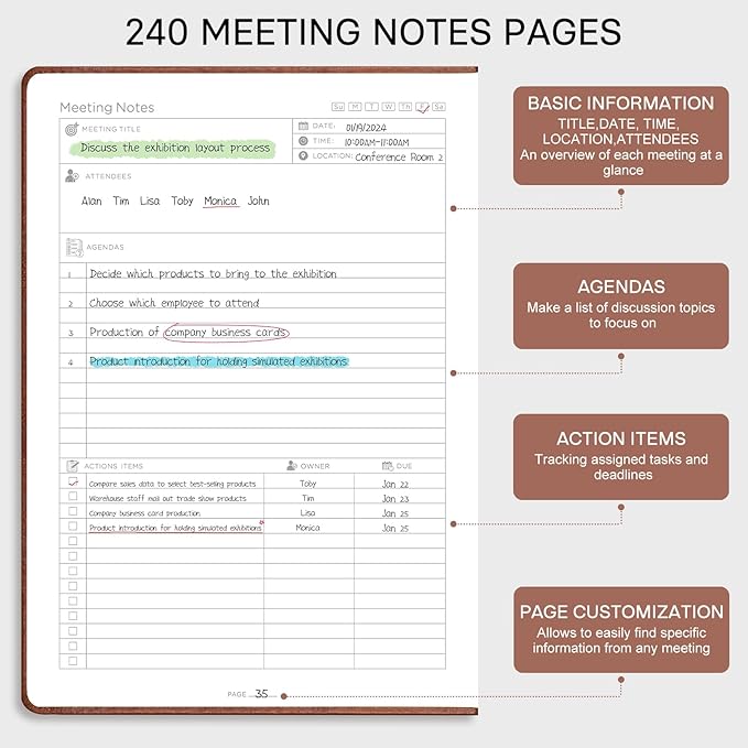 EMSHOI Meeting Notebook for Work with Action Items - 240 Pages A4 Large Project Planner Agenda Organizer Work Notebook for Women Men Office Business, PU Leather Hardcover, 8.5" x 11", Gray Blue