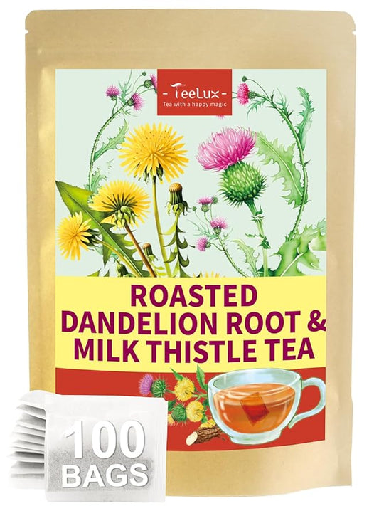 TeeLux Roasted Dandelion Root Tea with Milk Thistle, Smooth & Mellow Flavor, Rich Roasted Aroma, Caffeine Free, 100 Count