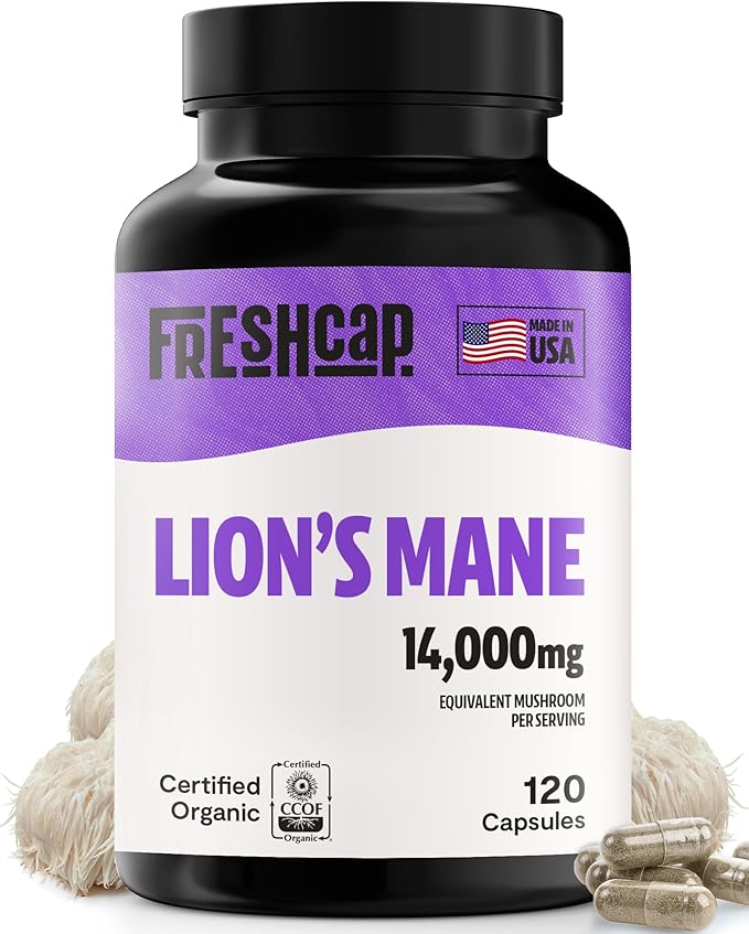 FreshCap Mushrooms Lions Mane Supplement Capsules 14,000mg - Lion's Mane, High Potency Extract, 14:1 Organic Mushroom Supplement, Ayurveda Focus Made in USA (120 Capsules)