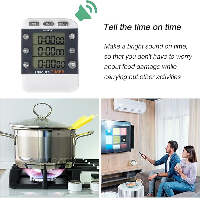 Photect 2-Piece Digital Dual Kitchen Timer, 3 Channels, Count UP/Down, Cooking Timer with Magnetic Back, Loud Alarm, Large Display, Countdown Hour Meter for Cooking, Classroom, Kids, Teacher, Study