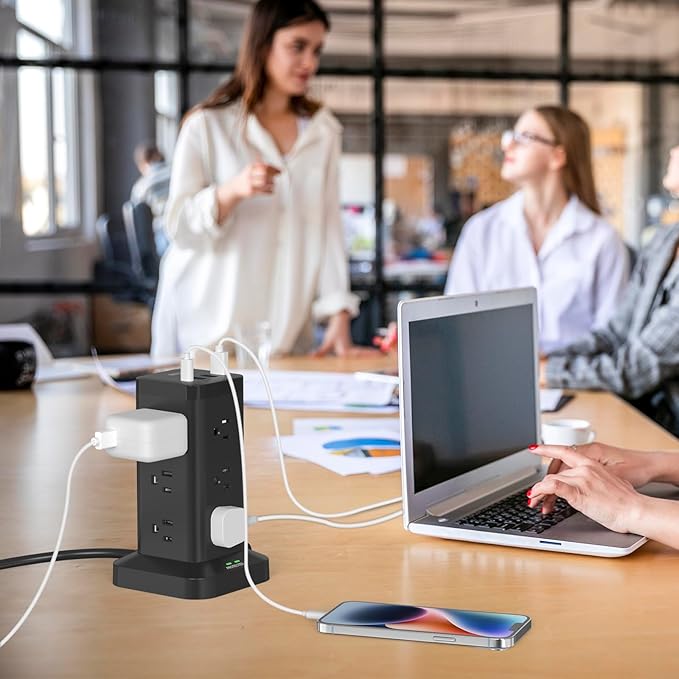 BEVA Power Strip Tower with USB Ports, 6.5 FT Surge Protector Power Tower, 12 AC and 4 USB Ports, 6.5 FT Extension Cord with Multiple Outlets, Office Supplies Office Organization (Black)