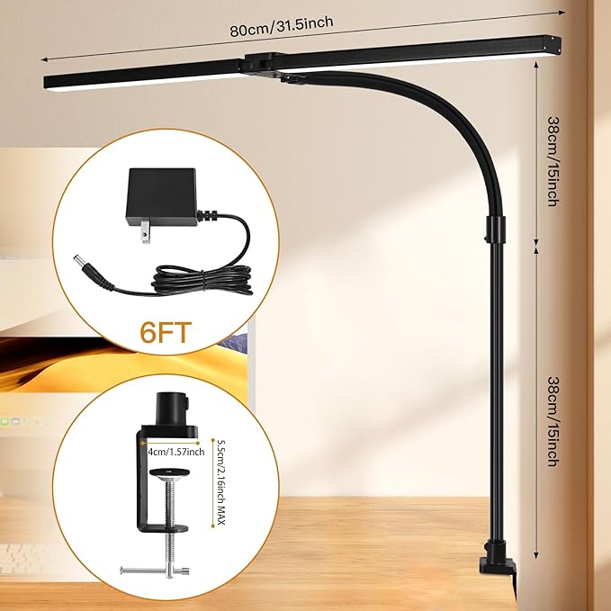 LED Desk Lamp for Office Dorm Home - Eye Caring Desk Light with Timer, Remote Control 24W 5 Color Brightest Dual Screen Computer Monitor Gooseneck Dimmable Table lamp with Anti-Glare Cover Clamp