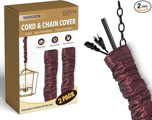 Royal Designs, Inc. Cord & Chain Cover 4 ft Silk Type Fabric, Chandelier Pendant Lighting Chain & Cable Management, Touch Fastener, Maroon - 2 Pack