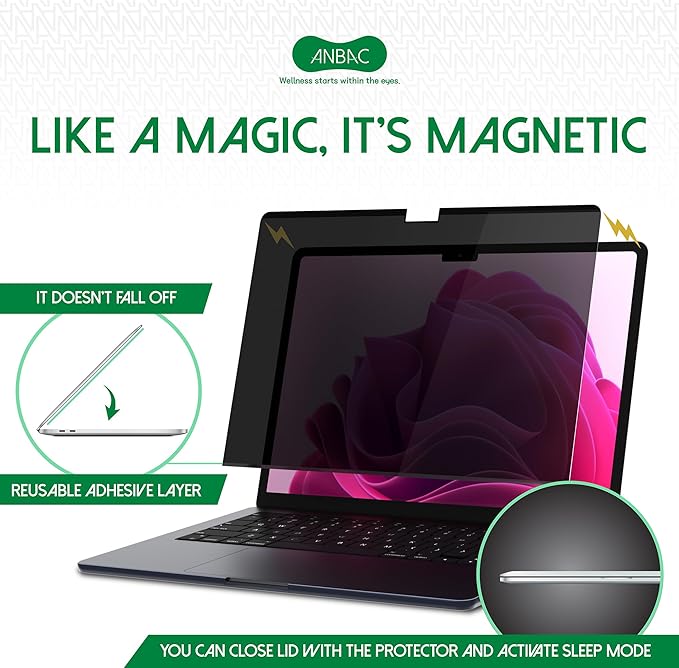 Laptop Magnetic Privacy Screen Protector for 13 & 13.6 inch MacBook Air (2025, M4 / 2024, M3 / 2022, M2) - Blue Light Blocking Security Screen Shield, Anti-Smudge Cover, UV Filter, Computer Private Screen Hider