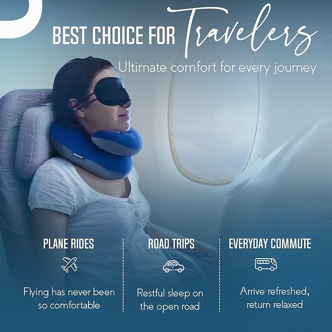 BCOZZY Travel Neck Pillow for Airplane – Patented Double Support for Head, Neck, and Chin. Best for Long Flights, Plane Sleeping, and Car Rides. Adjustable Size. Fully Washable. Carry Bag. Large, Gray