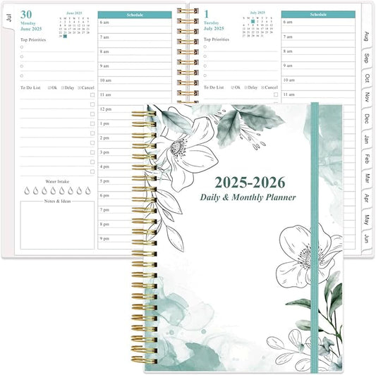 2025-2026 Daily & Monthly Planner - One Page Per Day, Daily Planner 2025-2026 from July 2025 to June 2026, Planner 25-26 with 12 Monthly Tabs, 6.4" x 8.5", Teal Flowers