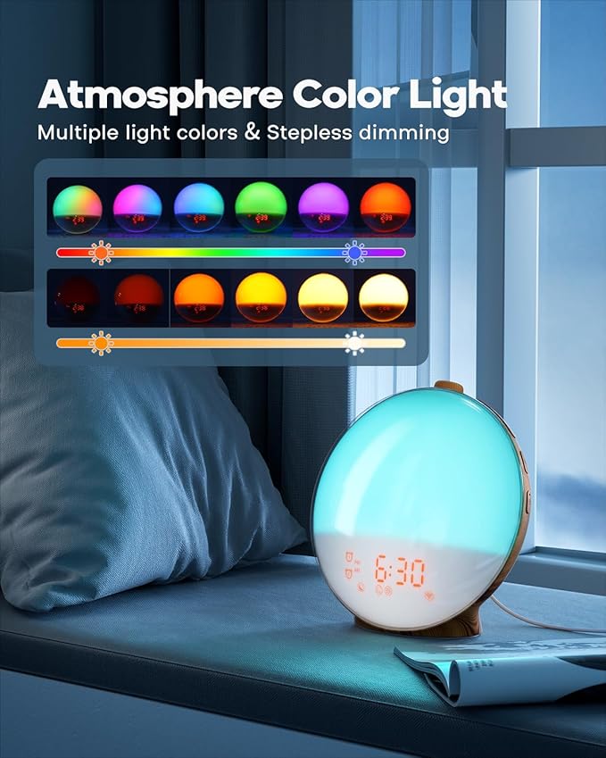 Dekala Sunrise Alarm Clock for Heavy Sleepers, Wood Grain Wake up Light Sunset Simulation, 7 Nature Sounds, Dual Alarms, Colorful Ambient Lamp, FM Radio, Snooze, Sleep Aid for Kids & Adults Bedroom