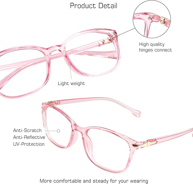 VisionGlobal Blue Light Blocking Glasses for Women, Anti Eyestrain, Computer Reading, TV Glasses, Stylish Square Frame, Anti Glare(Clear Pink,+4.75 Magnification)