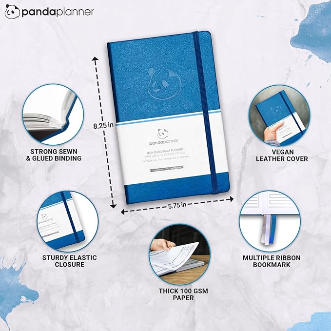 Panda Planner 2025-2026 – Undated Classic Daily Planner & Hourly Schedule Planner Notebook – Productivity Planner for Focus & Goals – Blue