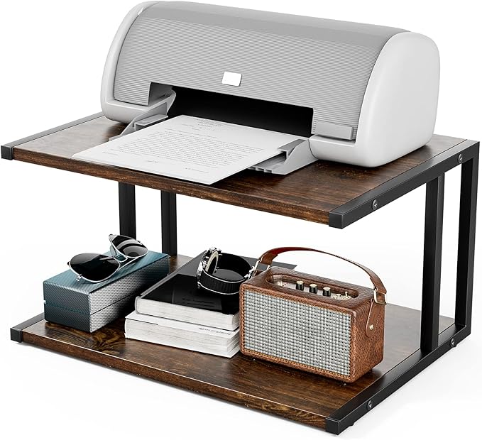 Printer Stand with 2 Tier Wood Shelves Desktop Organizer for Small Space Fax Machine Shelf Stand Books Trays Under Desk Shelf with Adjustable Anti-Skid Feet Vintage Brown