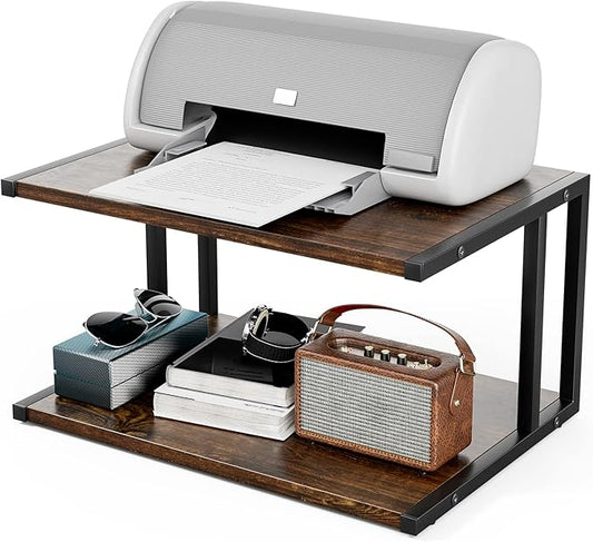 Printer Stand with 2 Tier Wood Shelves Desktop Organizer for Small Space Fax Machine Shelf Stand Books Trays Under Desk Shelf with Adjustable Anti-Skid Feet Vintage Brown
