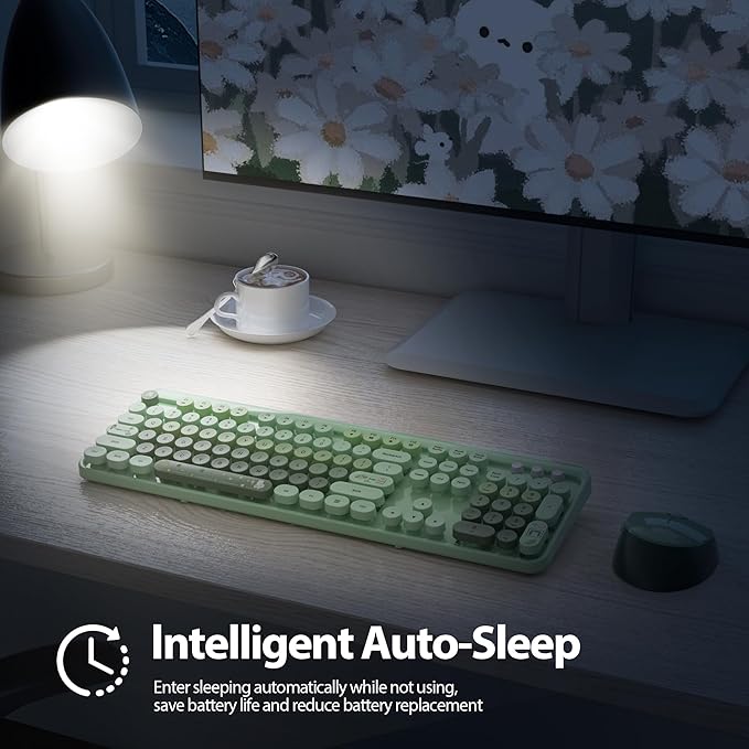 Fogruaden Green Keyboard and Mouse Wireless, Retro Typewriter Keyboard, 2.4GHz 104 Keys Full Size Cute Keyboard with Number Pad, Gradient Colorful Keyboard with Round Keycaps for Windows PC Laptop