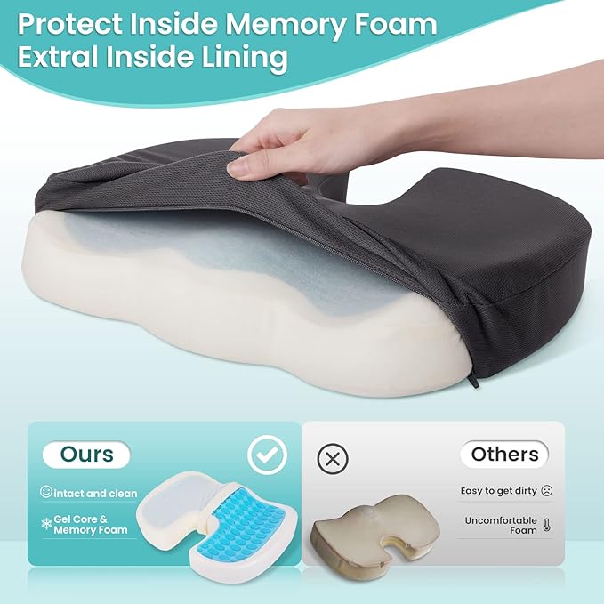 Office Chair Seat Cushion, Cooling Gel Enhanced Memory Foam Cushion for Long Sitting - Back, Sciatica, Coccyx, Tailbone Pain Relief Pillow - for Office, Gaming, Car, Wheelchair - Grey, X-Large