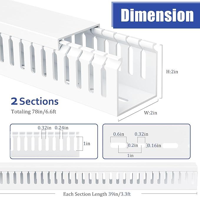 ZhiYo 2x2in Professional Server Rack Cable Management Raceway, 78in(2xL39in) Cable Raceway Kit, Electrically Safe PVC Open Slot Wire Cover, Cord Hider for Under Desk/Computer/Network Cords White