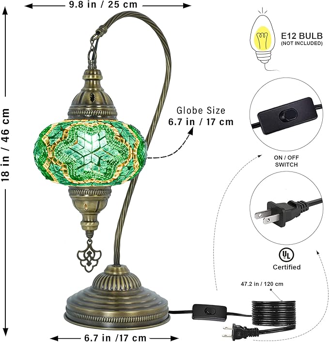 mozaist Turkish Mosaic Swan Neck Table Lamp, Moroccan Tiffany Style Turquoise Handmade Stained Glass Bedside Nightstand, Home Decor Gooseneck Boho Light with E12 Socket & US Plug (Emerald Teal)