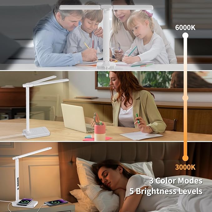 LED Desk Lamp with Wireless Charger, USB Charging Port, Dual Swing Arm Desk Light with 5 Brightness, 3 Colors, Table Lamp with Clock, Alarm, Date, Temperature, Desk Lamp for Home Office Study (White)