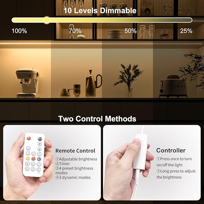 WOBANE Under Cabinet Lighting Kit, 9.8ft COB Light Strip with 24W Adapter,RF Remote,Super Bright Daylight for Kitchen Cabinet,Under Desk,Counter Lighting,4000K Natural White,1500 Lumen,Dimmable