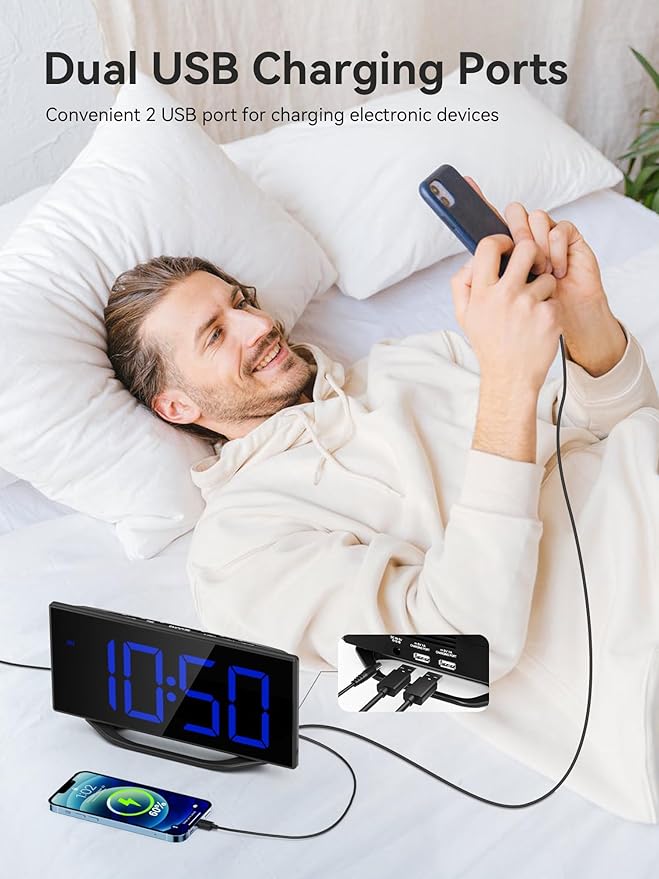 Digital Alarm Clock for Bedroom Bedside, Large Big Numbers Display with Brightness Dimmer, Plug-In Electric Desk Clock with Battery Backup, USB Charging Port, Adjustable Volume, 12/24Hr, Snooze