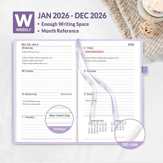 SUNEE 2026 Pocket Weekly Planner for Purse 3.5" x 6" - 12 Month (January 2026 - December 2026), Small Size Planner, Hardcover, Notes, Pocket, 100 GSM Paper, Purple
