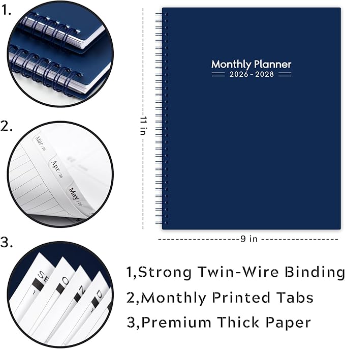 2026-2028 Monthly Planner - 3 Year Monthly Planner 2026-2028, Jan 2026 - Dec 2028, 9" x 11", 36-Month Calendar with Tabs - Navy Blue