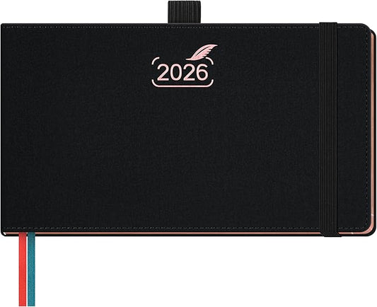 BEZEND Pocket Calendar 2026 Weekly and Monthly (6.5" x 3.75") Horizontal Planner with Vertical Hourly Timeslots, Bookmarks & Inner Pocket, Vegan Leather Hardcover - Black