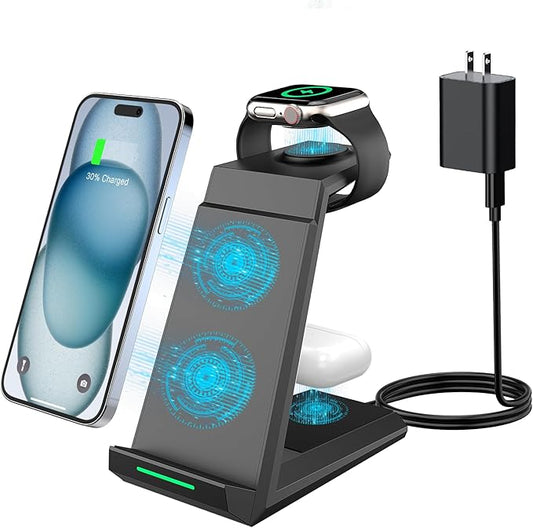 Wireless Charging Station for iPhone - ADADPU 3 in 1 Charger Stand for iPhone 16 Pro Max 15 14 13 12 11 Pro Max XR 8 Plus, for Apple Watch 8/7/SE/6/5/4/3/2,AirPods Pro/3/2(with 5ft Cable and Adapter)