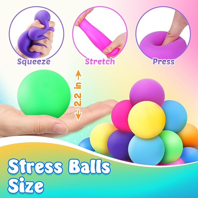 Squishy Stress Balls for Kids Adults: 18 Pack Stretchy Fidget Ball for Anxiety Stress Relief, Hand Therapy Sensory Squishy Ball, Party Favors classroom must haves, Fidgets for Classroom Prize Box Toys