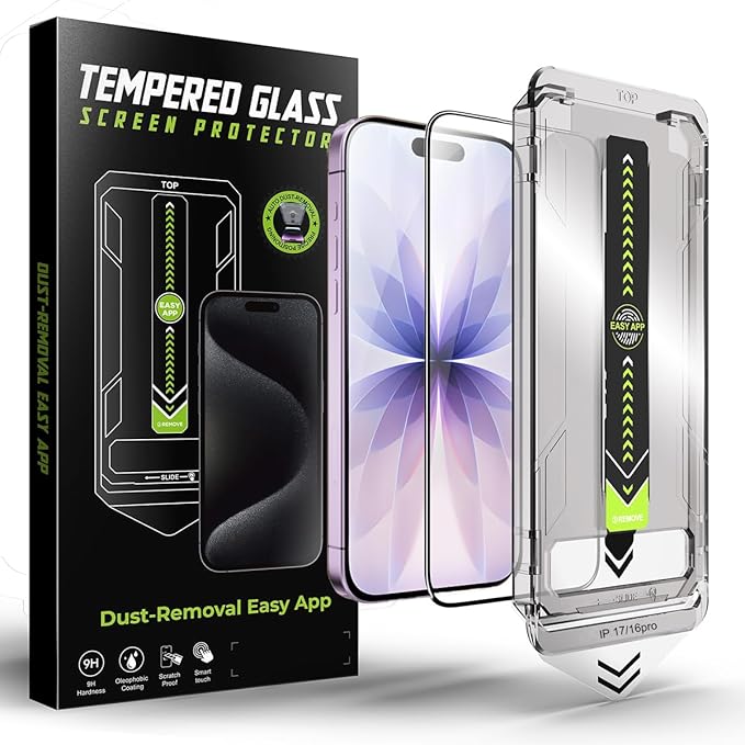 2 Pack Screen Protector for iPhone 17, iPhone 16 Pro 6.3-inch, 9H Tempered Glass, High Definition Clear, Full Coverage, Anti-Fingerprint, Auto Dust-Elimination, No Bubble, Easy Installation